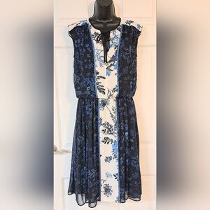 ADRIANNA PAPELL Blue/White/Black Sleeveless Dress